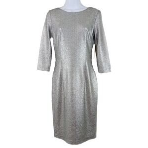 Womens Short Silver Sheath Dress Size Small 3/4 Sleeve Round Neck Gibson Latimer